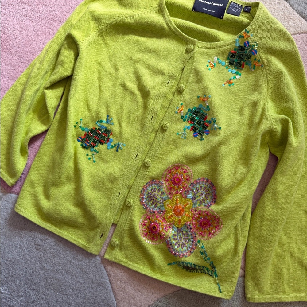 Michael Simon Vibrant Green Floral Cardigan